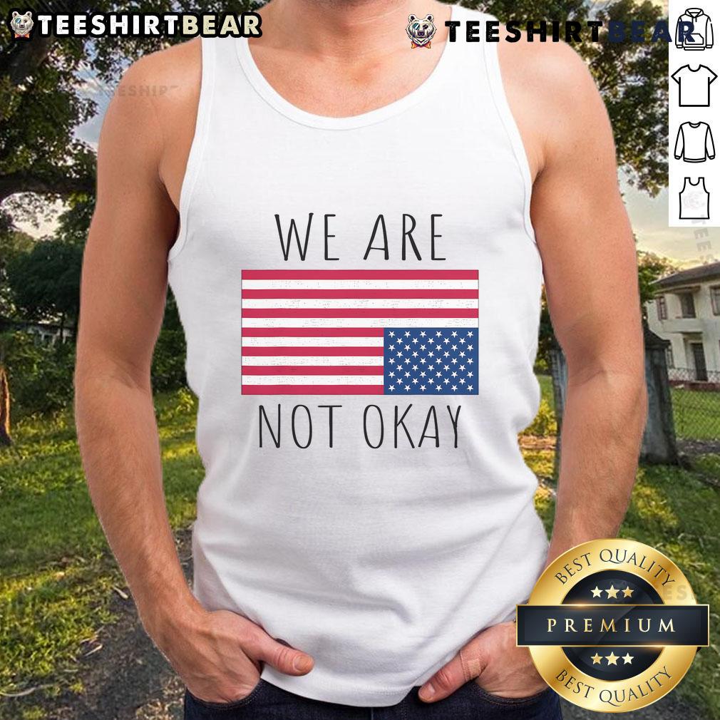 Vintage American flag tank top with 'Hot We Are Not Okay' patriotic slogan, perfect for USA pride and summer style.