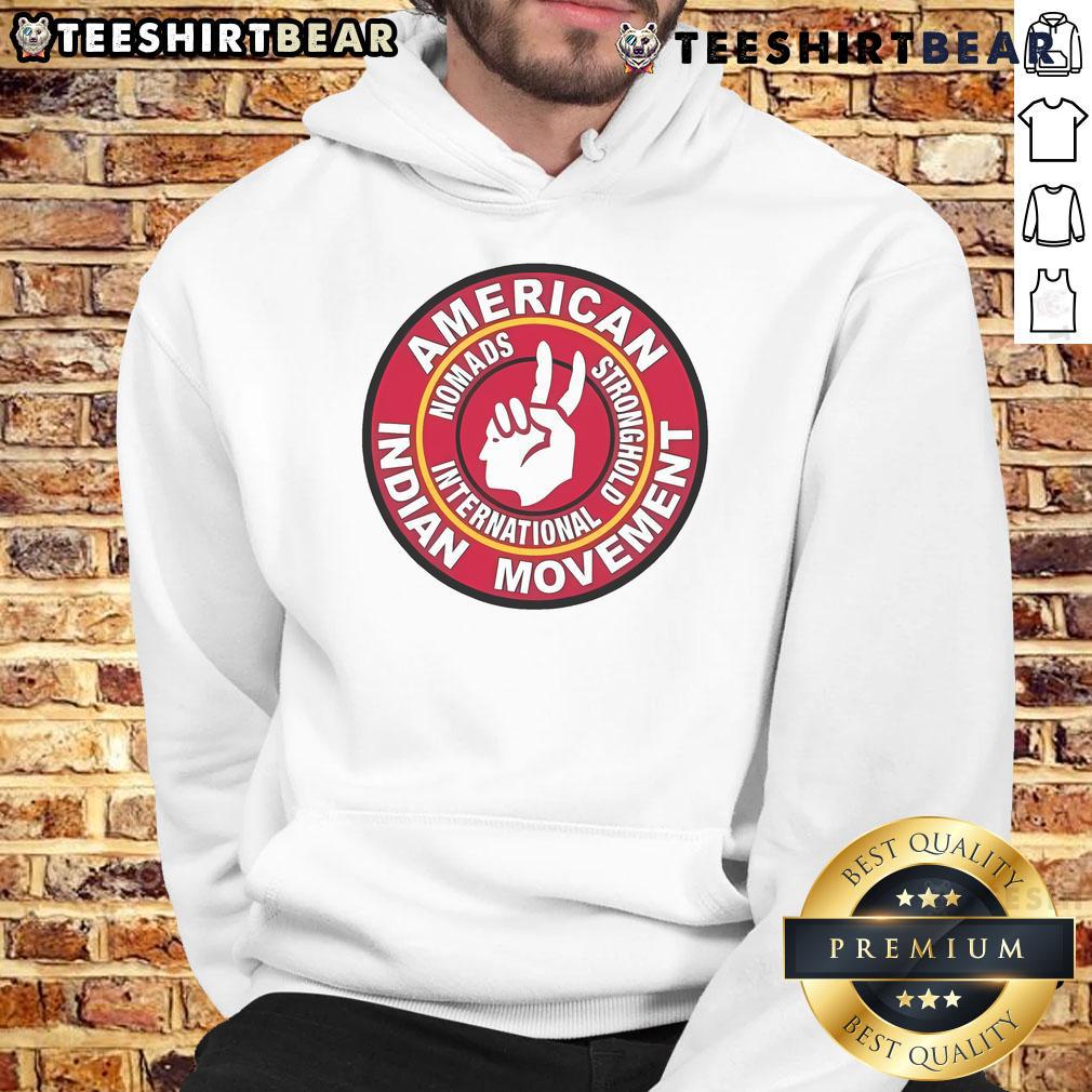 Nice American Indian Movement Nomads Stronghold International Hoodie showcasing indigenous-inspired design and vibrant colors.