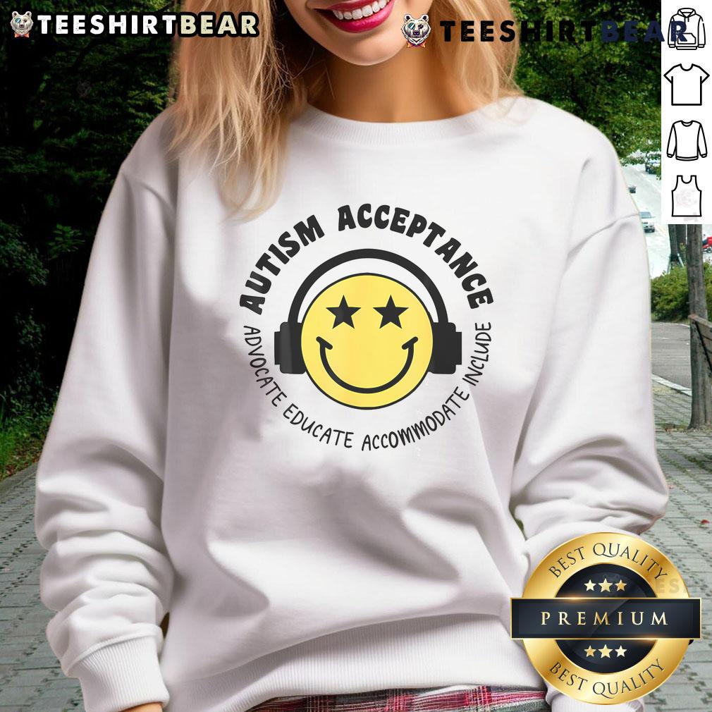 Boy wearing a 'Nice Autism Acceptance' sweatshirt, smiling joyfully, promoting autism awareness and acceptance.
