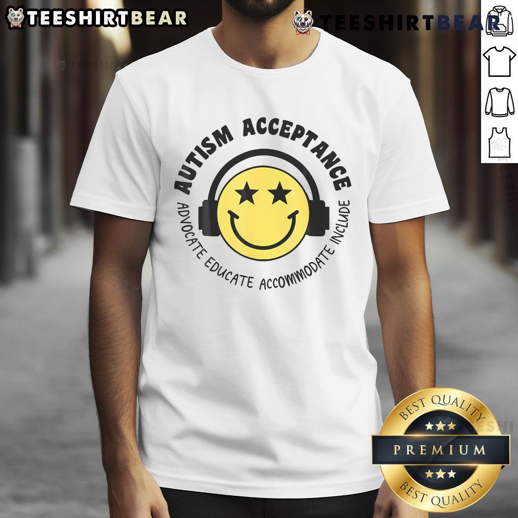 Smiling boy wearing a 'Nice Autism Acceptance' t-shirt, promoting autism awareness with a cheerful design.