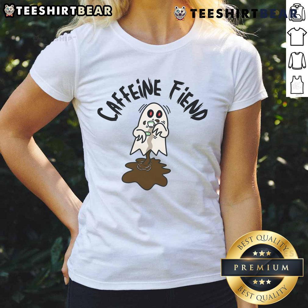 Nice Caffeine Fiend Ghost Ladies Tee featuring a playful ghost graphic with coffee, perfect for coffee lovers and Halloween fans.