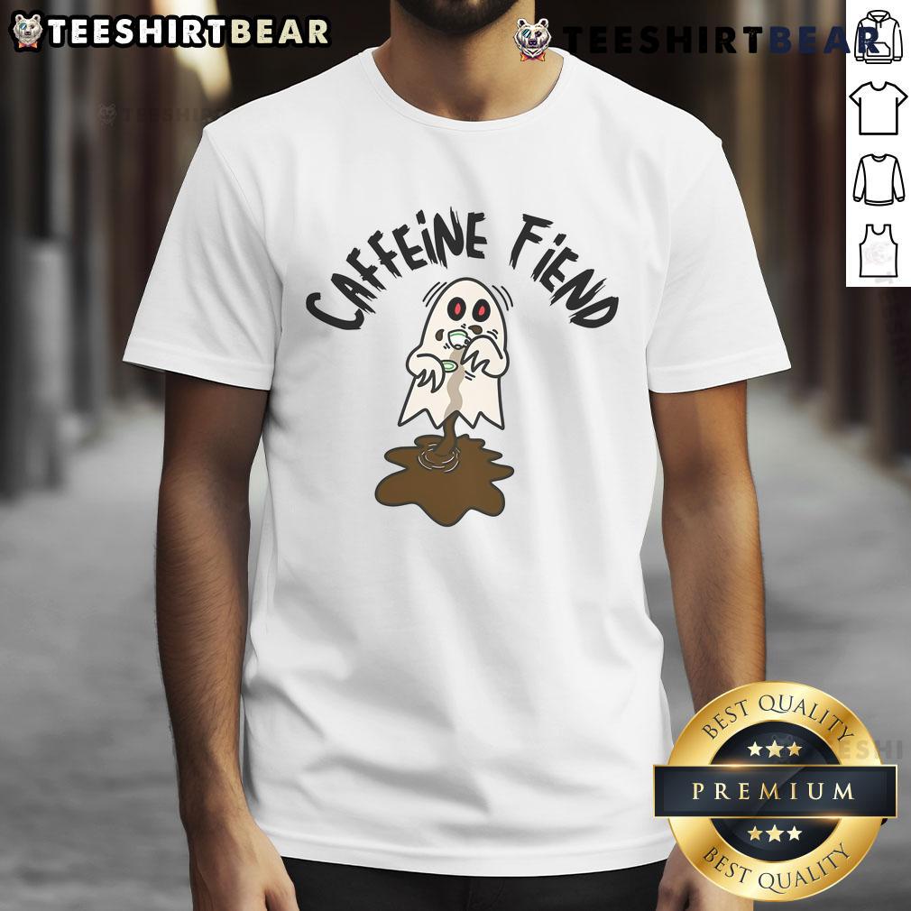 Nice Caffeine Fiend Ghost T-Shirt featuring a playful ghost design and coffee elements, perfect for caffeine lovers.