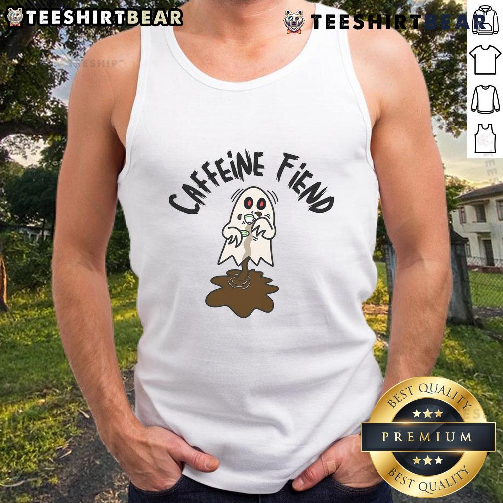 Nice Caffeine Fiend Ghost Tank Top featuring a playful ghost graphic and coffee-themed design, perfect for casual wear.