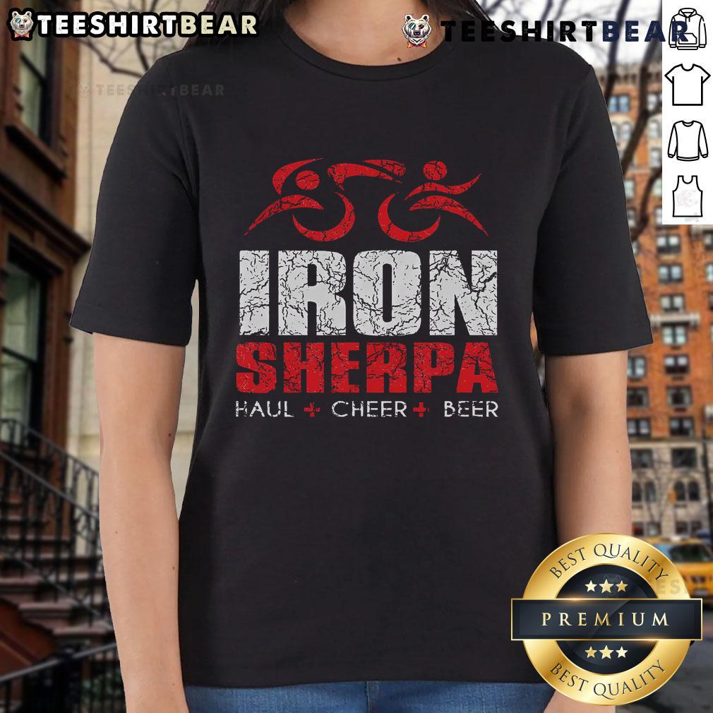 Womens Nice Iron Sherpa Triathlon Tee featuring a fun 'Cheer Beer' design for triathletes and sports enthusiasts.