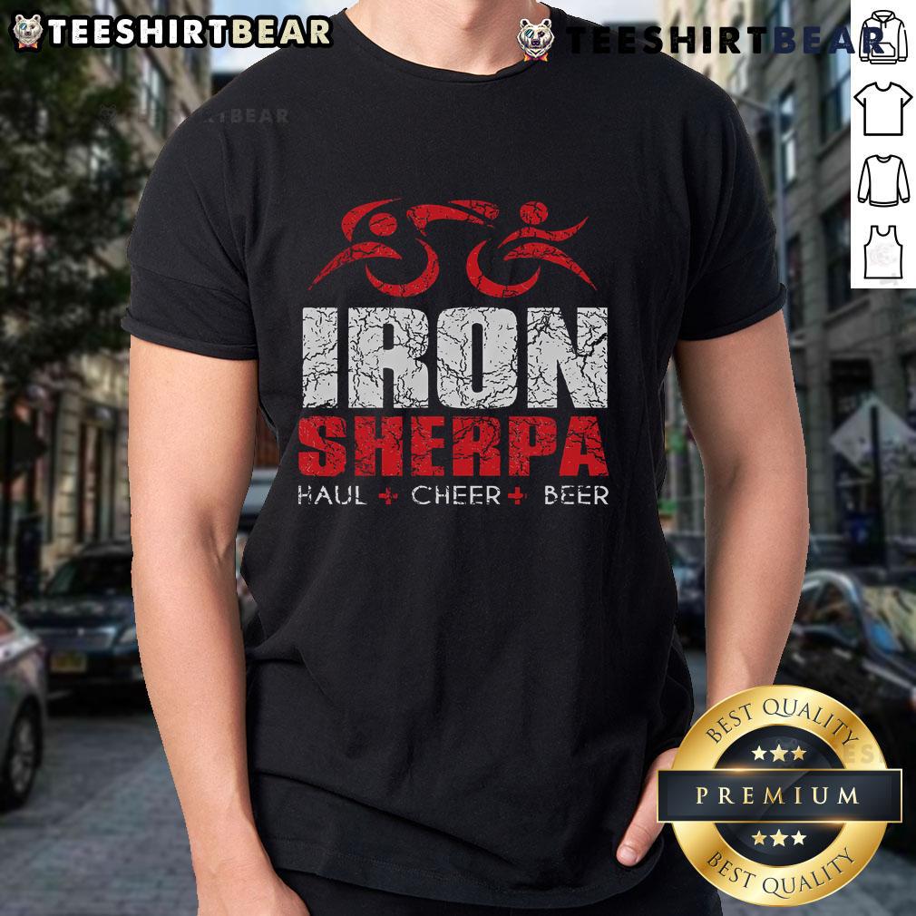 Alt Text: Nice Iron Sherpa Triathlon T-Shirt featuring a triathlete design, perfect for cheering with beer after races.