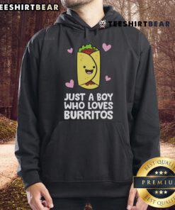 Boy wearing a 'Just A Boy Who Loves Burritos' hoodie, smiling and enjoying his favorite food outdoors.