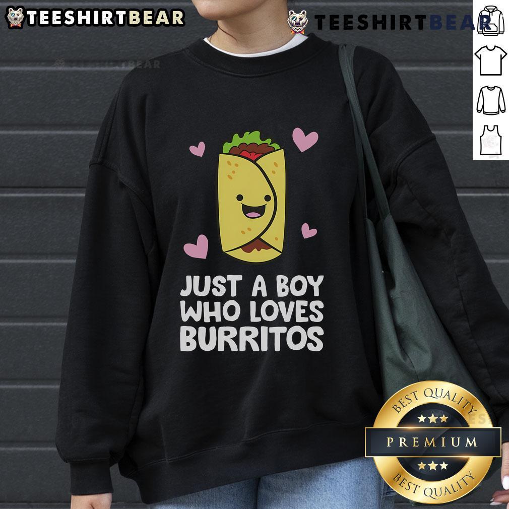 Boy wearing a 'Just A Boy Who Loves Burritos' sweatshirt, showcasing a fun and casual style with a playful design.