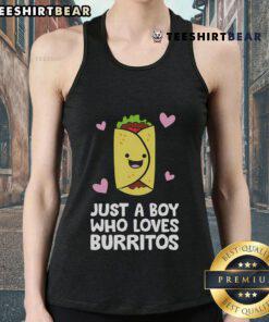 Boy wearing a 'Just A Boy Who Loves Burritos' tank top, enjoying a delicious burrito in a sunny outdoor setting.