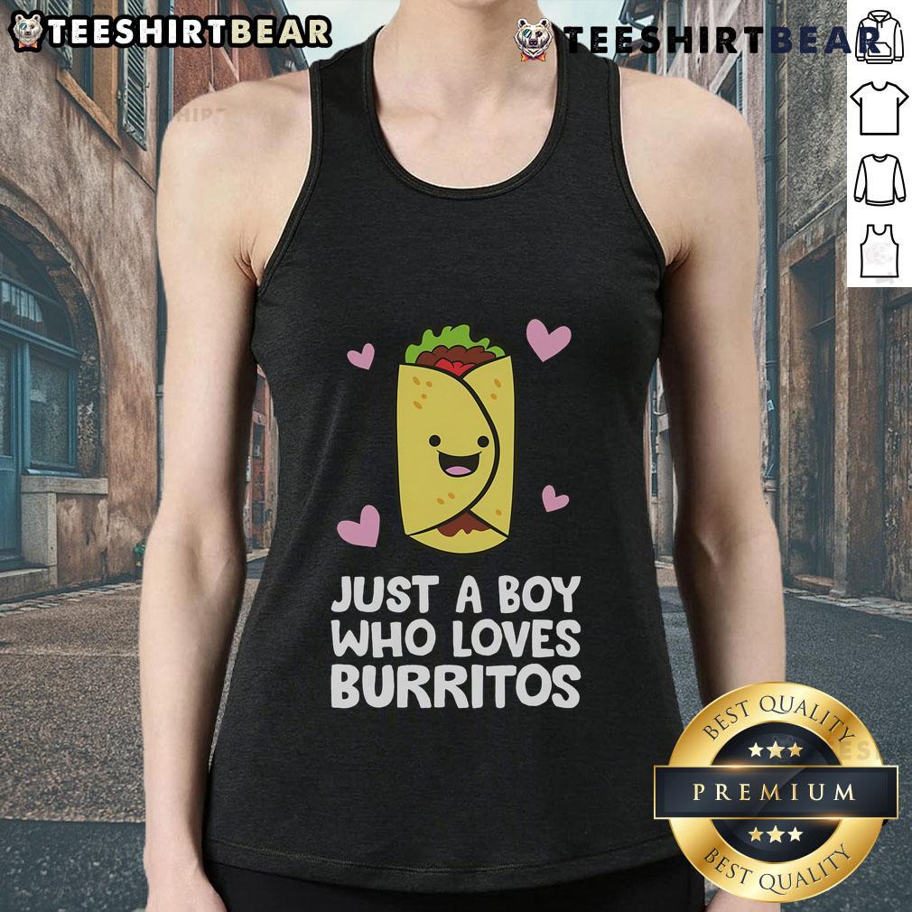 Boy wearing a 'Just A Boy Who Loves Burritos' tank top, enjoying a delicious burrito in a sunny outdoor setting.