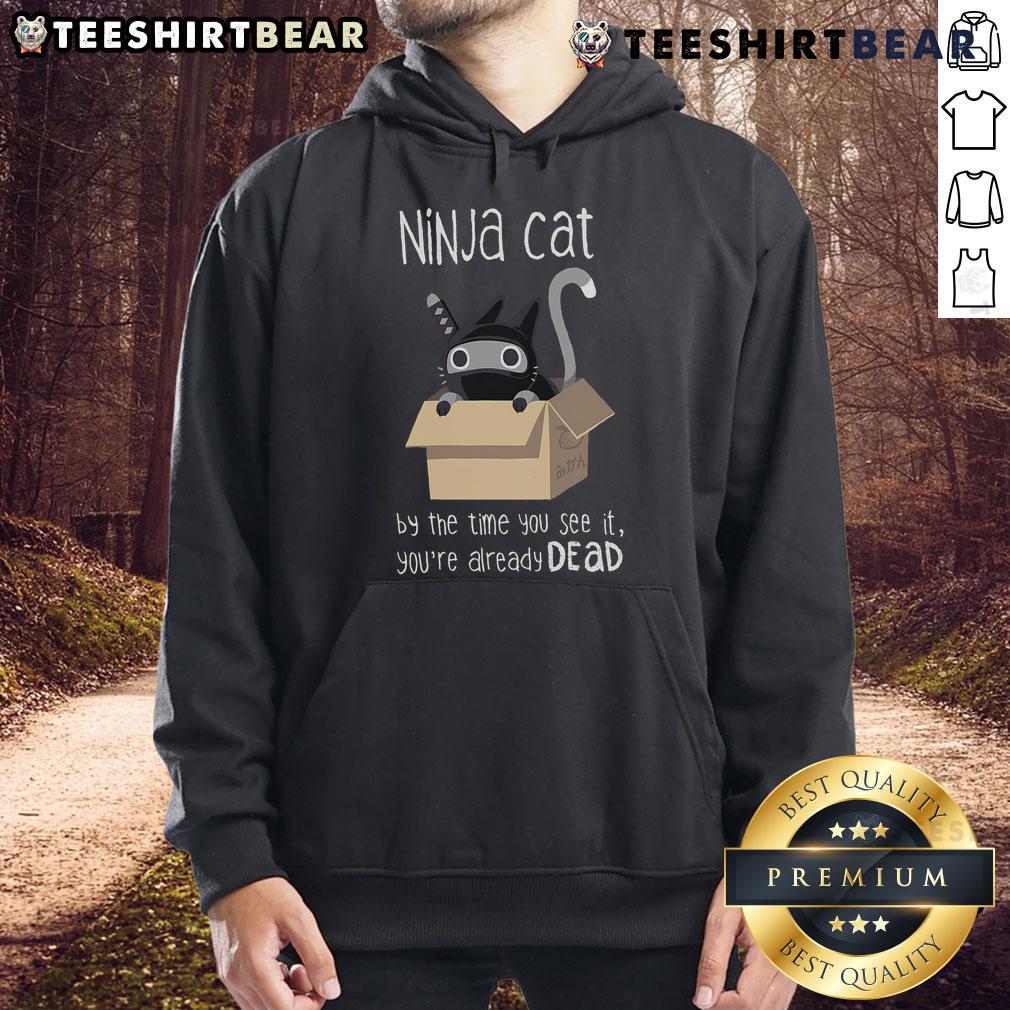 Cool Nice Ninja Cat hoodie design with bold text 'By The Time You See It, You're Already Dead' in vibrant colors.