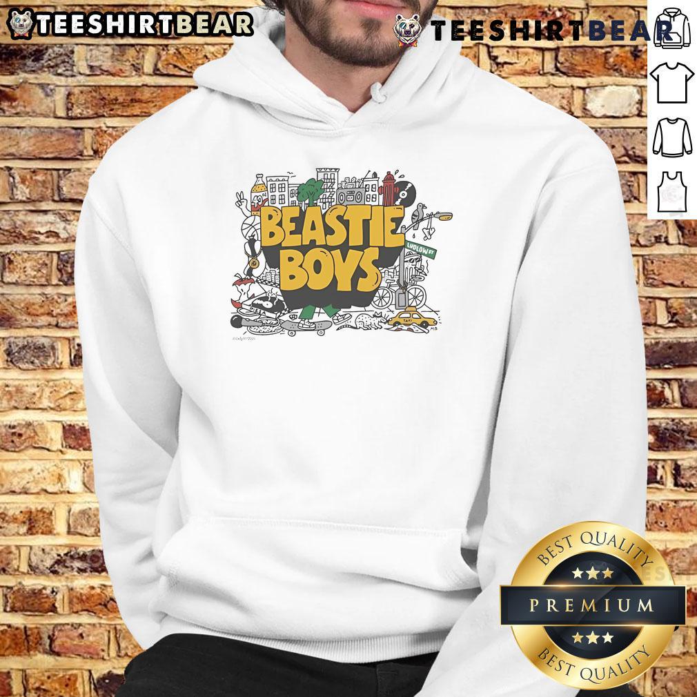 Nice Only NY X Beastie Boys Collage Hoodie featuring vibrant graphics and iconic band imagery for stylish streetwear.