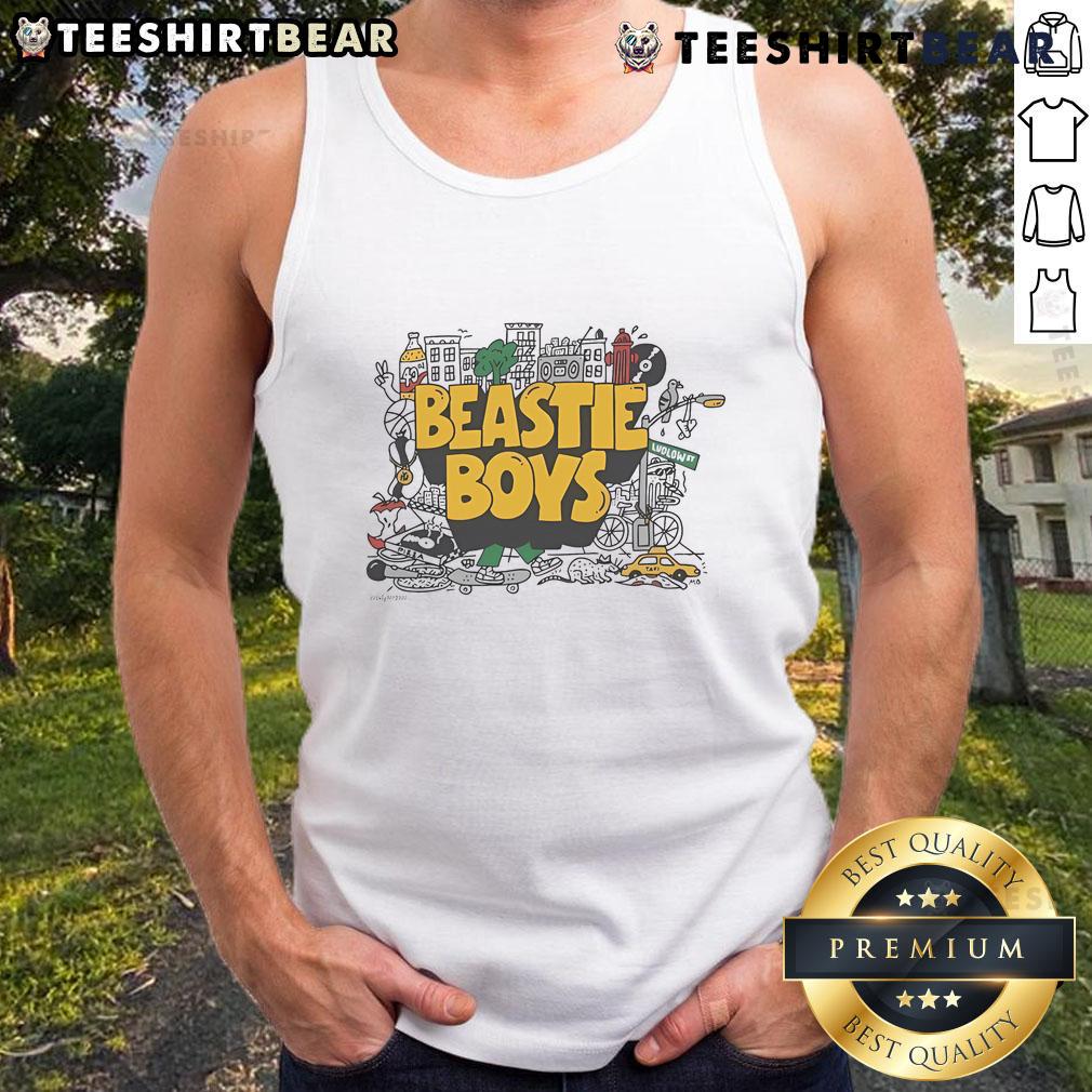 Collage tank top featuring Nice Only NY and Beastie Boys graphics, perfect for music lovers and streetwear enthusiasts.