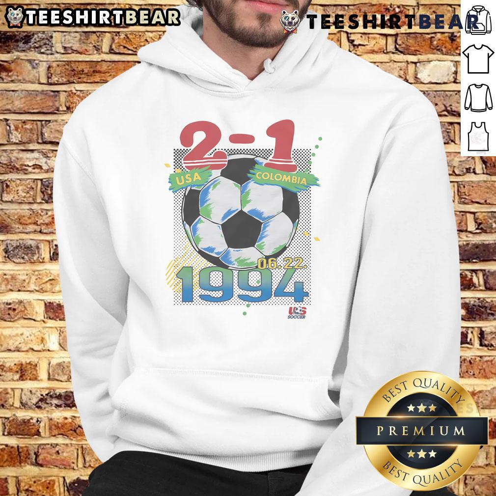 Official 2-1 USA vs Colombia hoodie from the 1994 World Cup game, featuring team logos and vibrant colors.