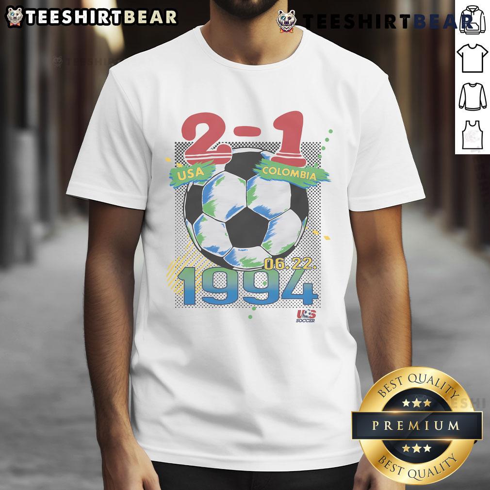 Official 2-1 USA vs Colombia 6.22.1994 T-Shirt featuring vibrant graphics celebrating the iconic World Cup match.