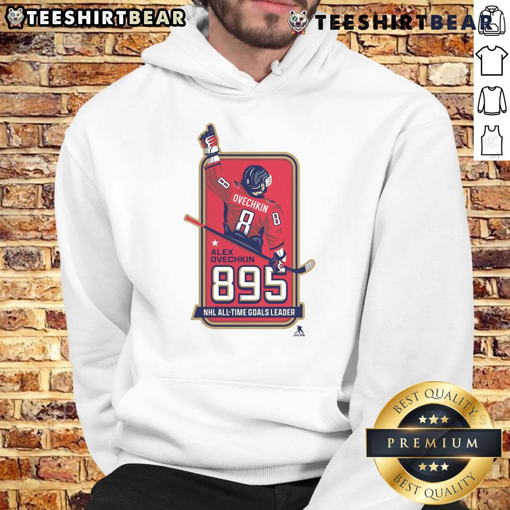 Alt Text: Alexander Ovechkin in NHL locker room wearing hoodie, celebrates being 895 goals leader in NHL history.