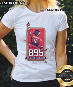 Official Alexander Ovechkin 895 NHL All-Time Goals Leader locker room ladies tee shirt featuring a sporty design.
