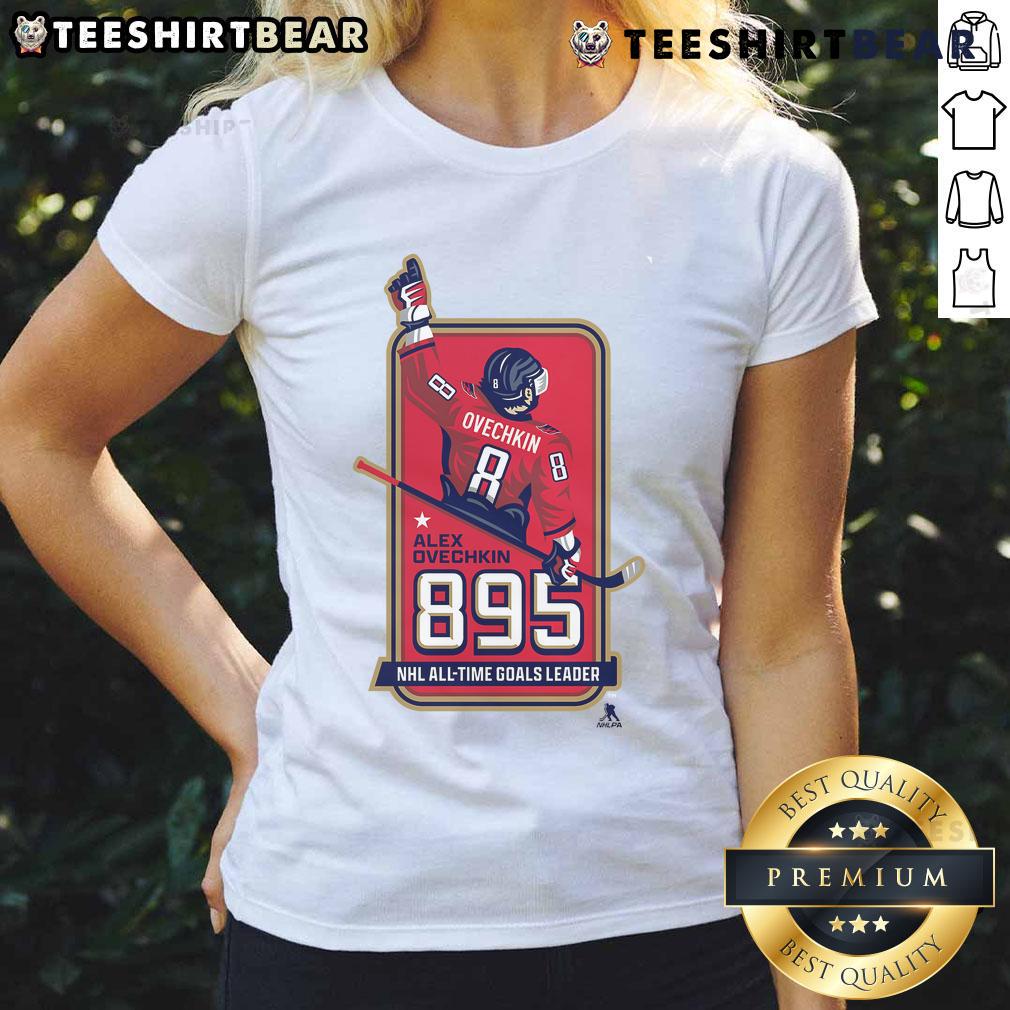 Official Alexander Ovechkin 895 NHL All-Time Goals Leader locker room ladies tee shirt featuring a sporty design.