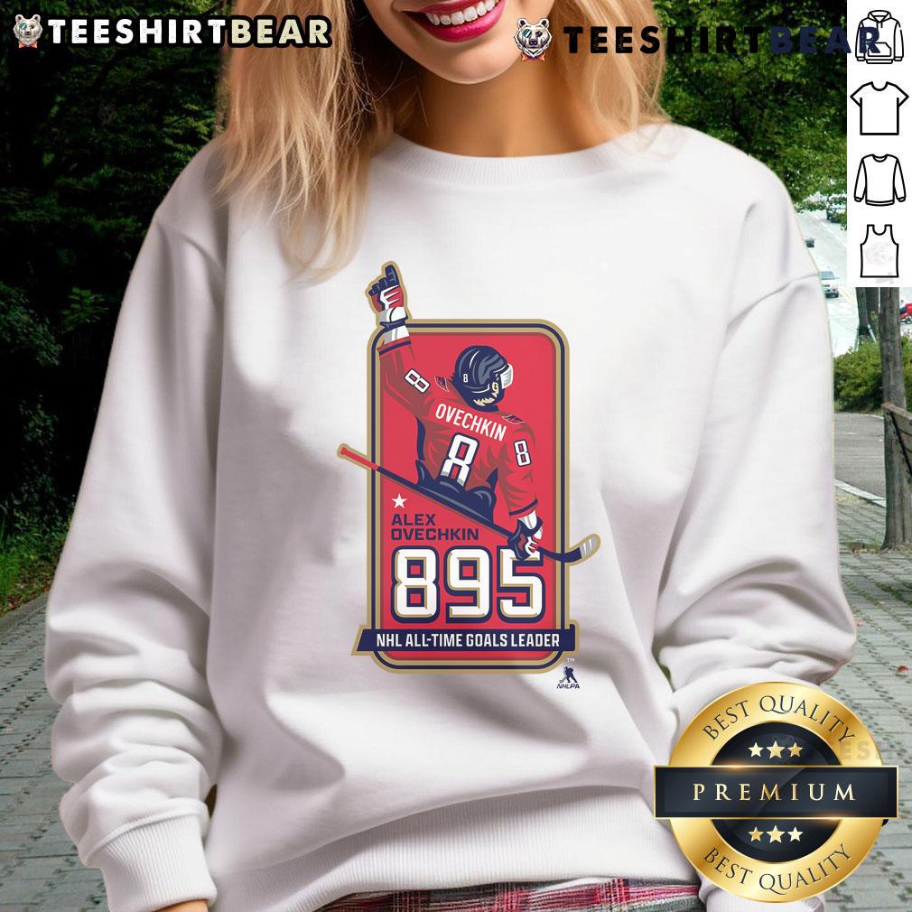 Alt Text: Official Alexander Ovechkin 895 NHL All-Time Goals Leader sweatshirt displayed in a stylish locker room setting.