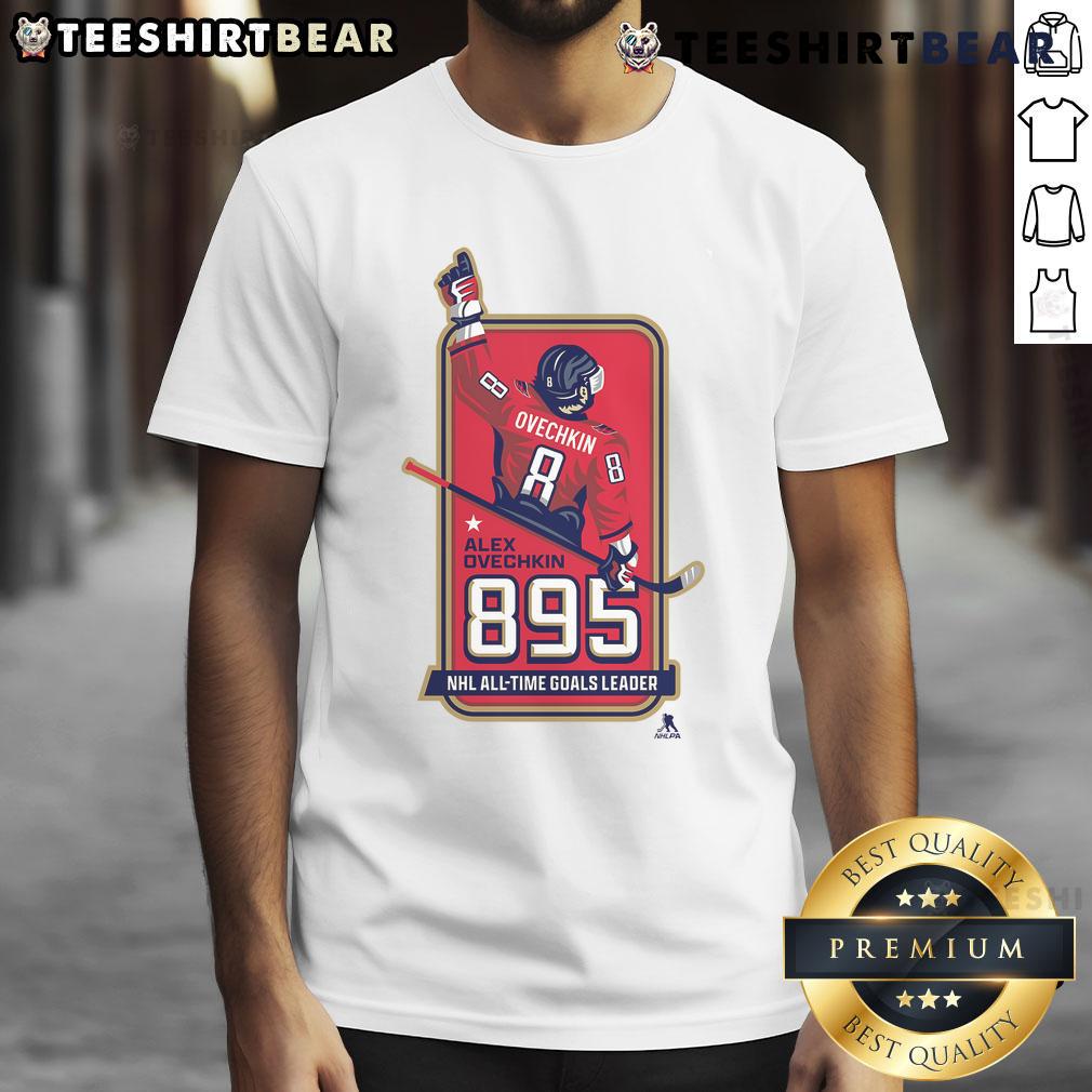 Official Alexander Ovechkin 895 NHL All-Time Goals Leader T-Shirt displayed in a locker room setting.