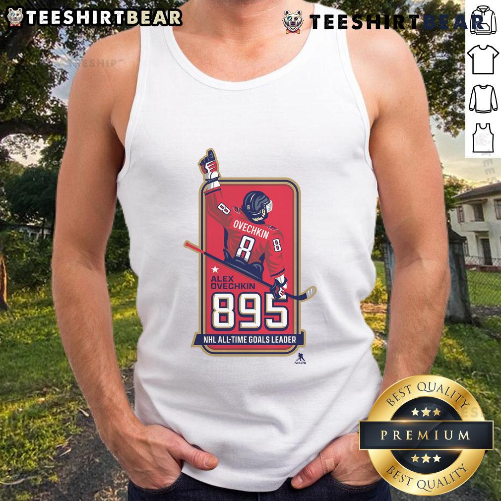Official Alexander Ovechkin 895 NHL All-Time Goals Leader tank top in locker room, celebrating his scoring achievement.