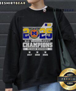 Official B1G Tournament Champions Michigan Wolverines 2025 sweatshirt in navy featuring logo and championship graphics.