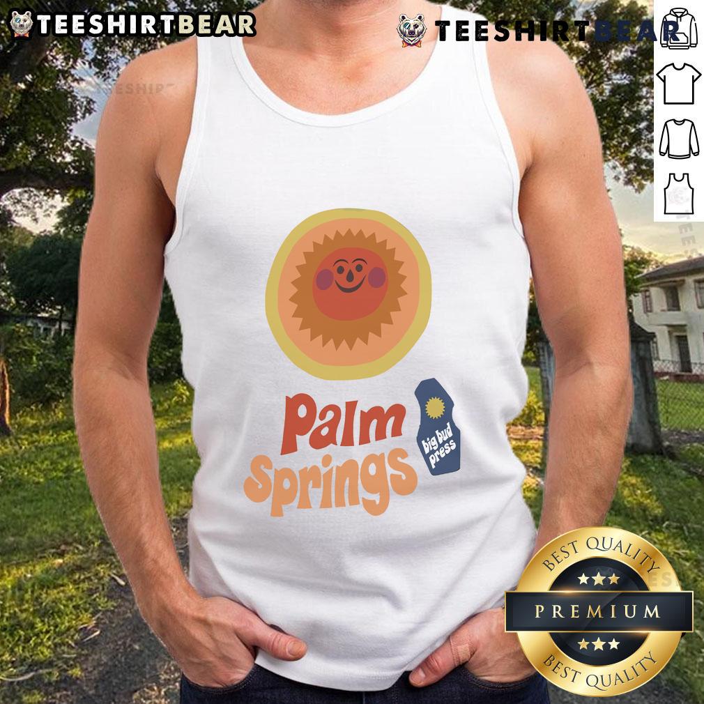 Official Big Bud Press Tourist Palm Springs 2025 tank top featuring vibrant graphics and a stylish design for summer wear.