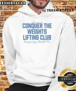 Official Conquer The Weights Lifting Club hoodie featuring a barbell design, established 2014, perfect for weightlifting enthusiasts.
