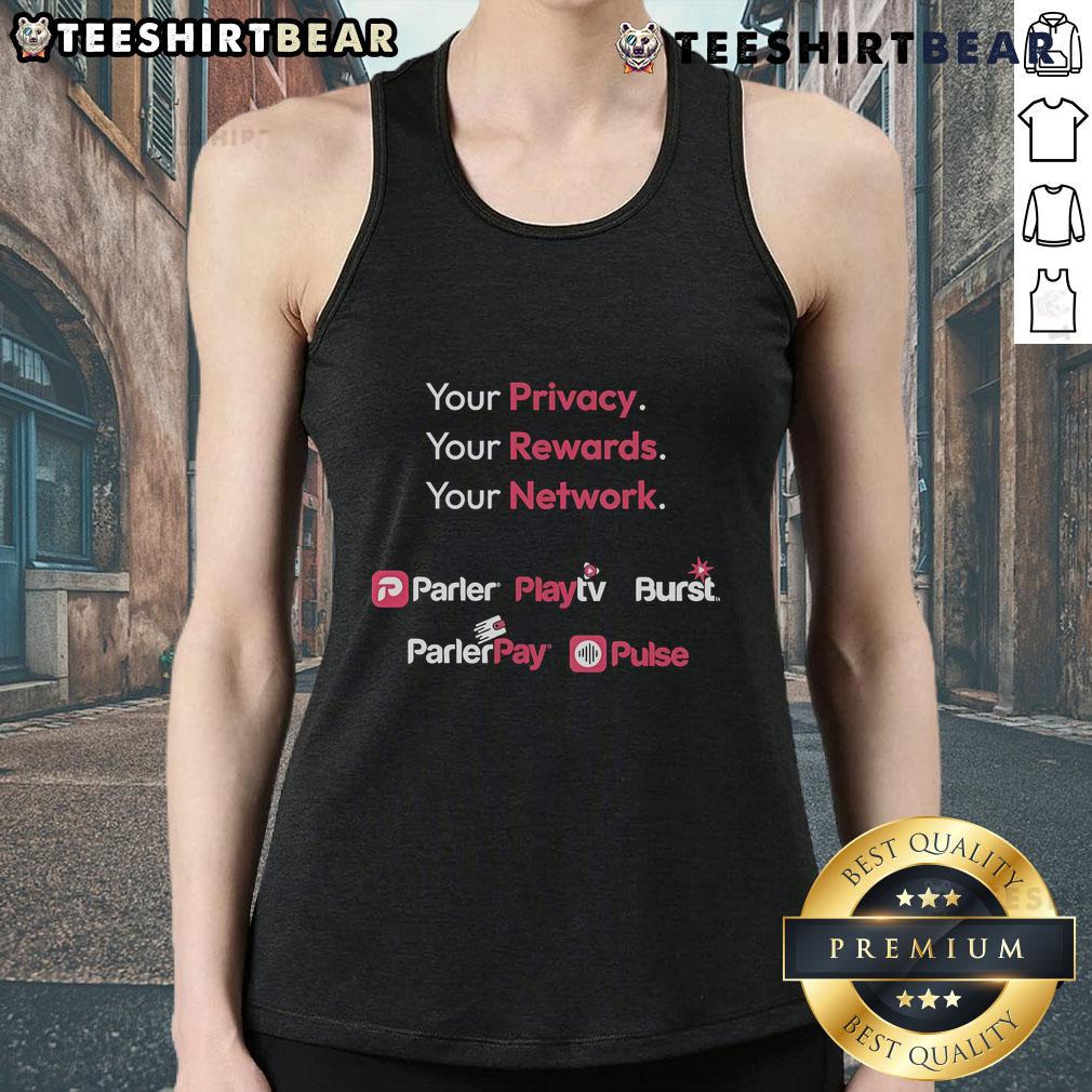 Official Parler CPAC vendor tank top featuring bold logo design, perfect for fans of free speech and political events.