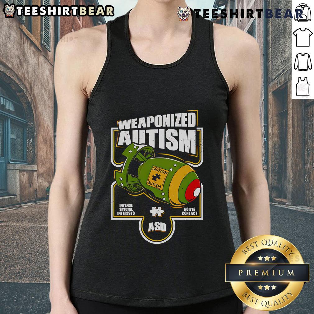 Official Weaponized Autism Military Tank Top featuring bold graphic design and vibrant colors for unique style.