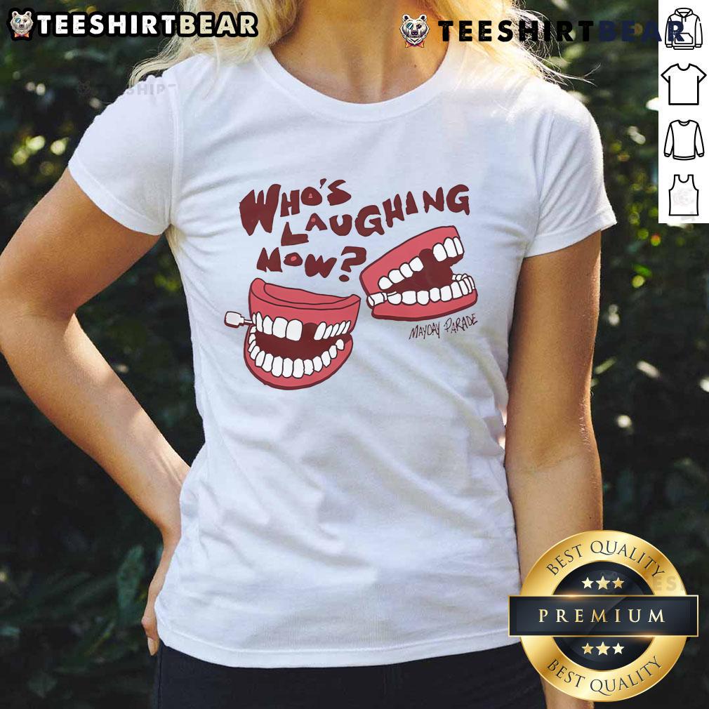 Official Who's Laughing Now Horizon Mayday Parade ladies tee featuring vibrant graphics and a stylish fit for fans.
