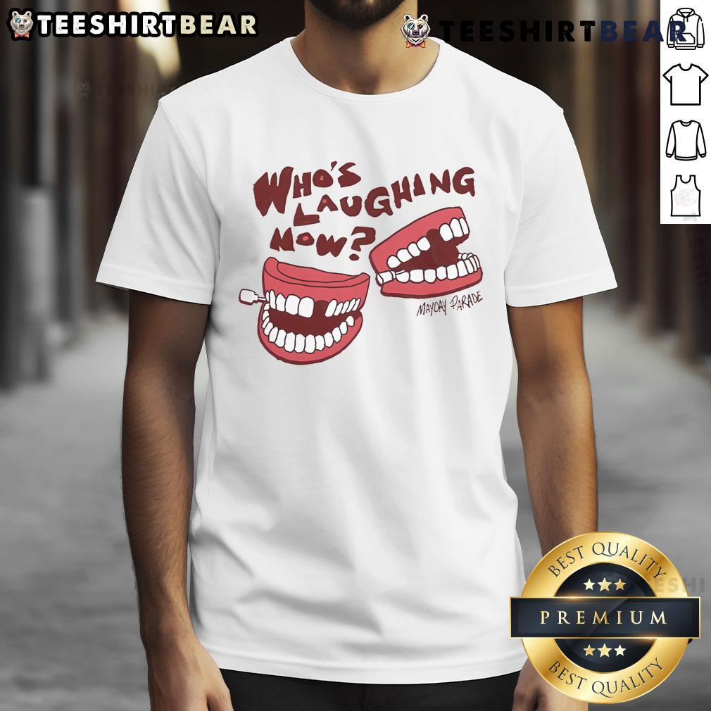 Official Who's Laughing Now Horizon Mayday Parade T-Shirt featuring vibrant design and band logo on a stylish tee.