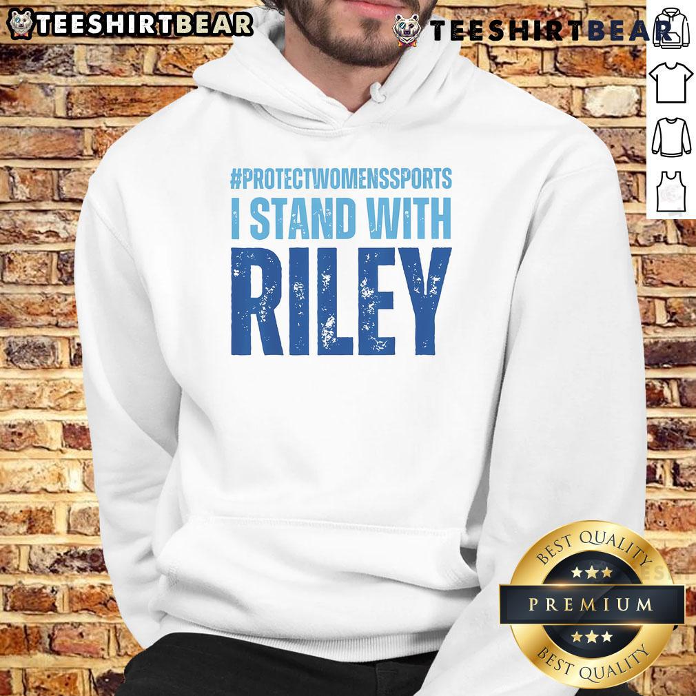 Premium 'I Stand With Riley Gaines' Protect Sport Hoodie in black, featuring bold text and a comfortable fit for athletes.
