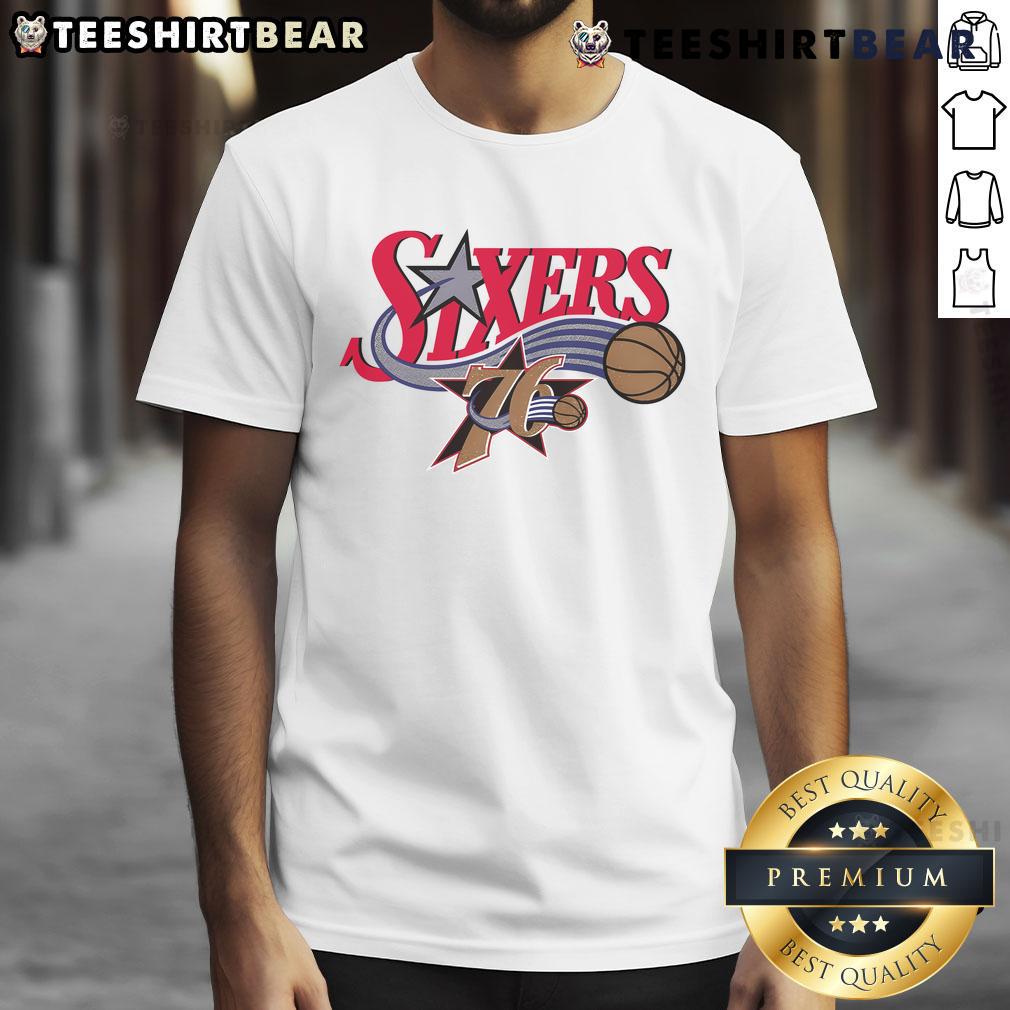 Alt Text: Premium Philadelphia 76ers Hardwood Classics Evergreen T-Shirt featuring vibrant team colors and retro design.