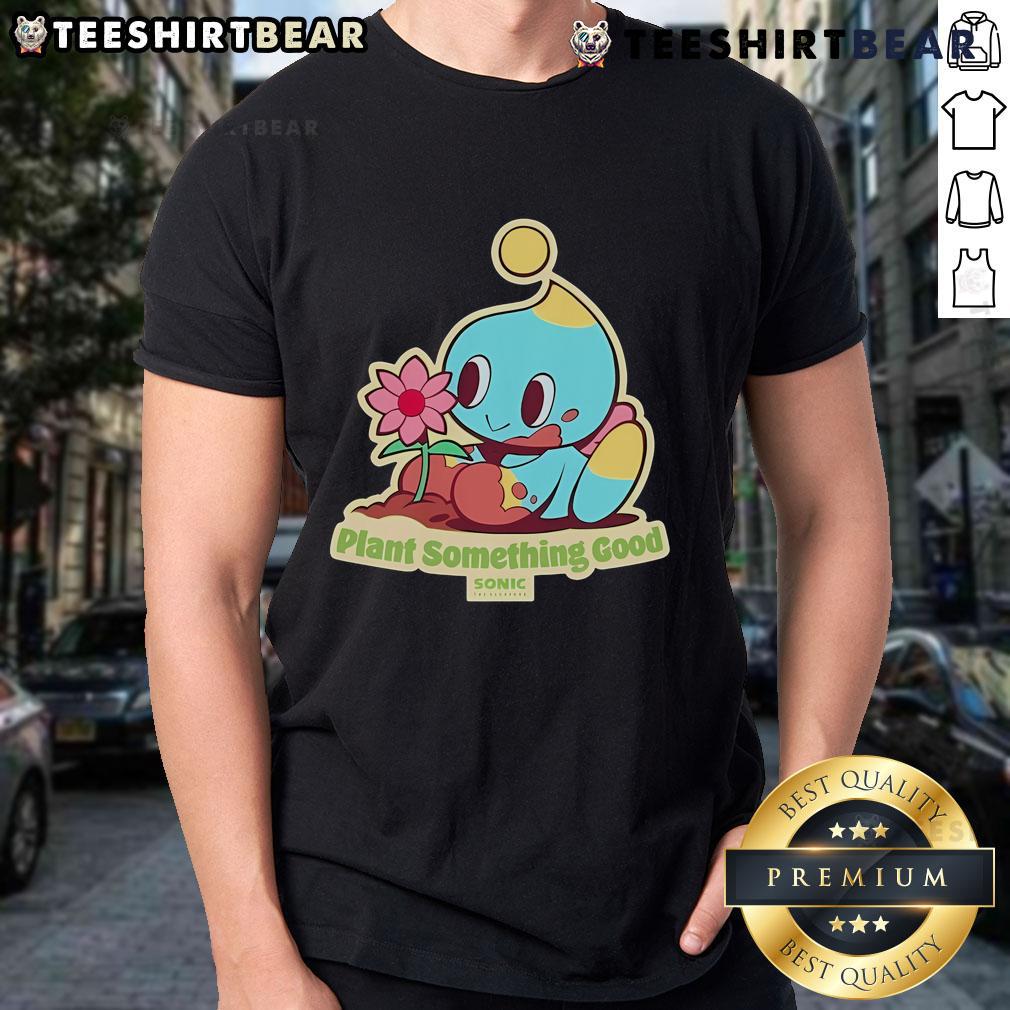 Alt Text: Premium Sonic T-Shirt featuring The Hedgehog Plant and Something Good design for Earth Day celebration.