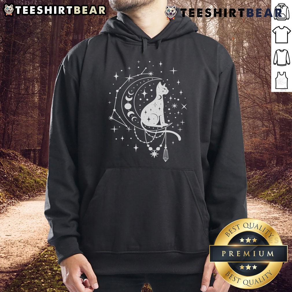 Alt Text: Celestial cat hoodie featuring a crescent moon and star constellation design, perfect for astrology lovers.