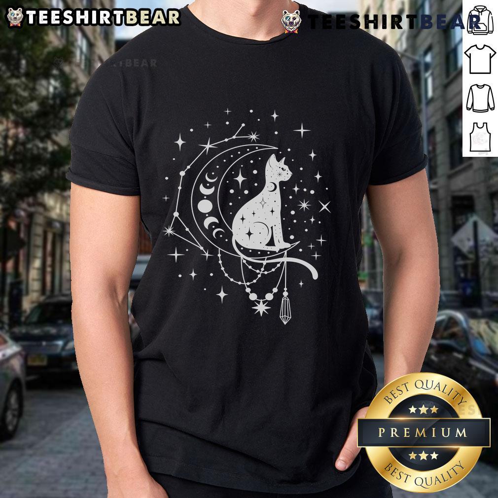 Pretty celestial cat T-shirt featuring a crescent moon, stars, and constellation design for astrology lovers.