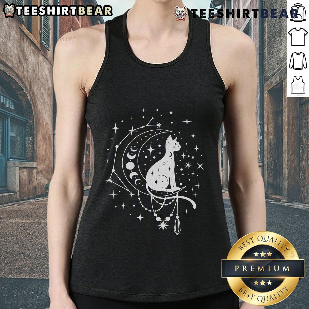 Alt Text: Stylish celestial cat tank top featuring a crescent moon, stars, and constellation design for astrology lovers.