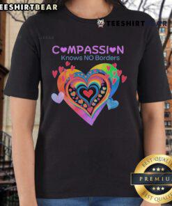 Pretty Compassion Knows No Borders Hearts Ladies Tee featuring a colorful heart design, promoting love and unity.