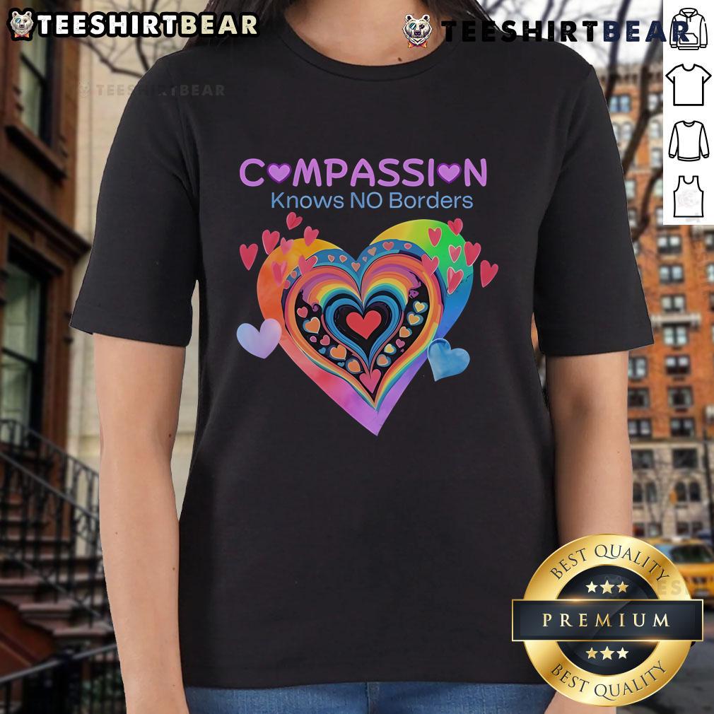 Pretty Compassion Knows No Borders Hearts Ladies Tee featuring a colorful heart design, promoting love and unity.