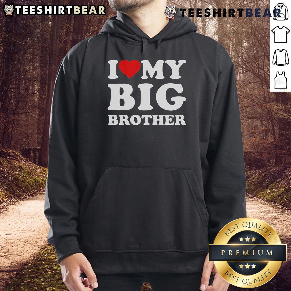 Child wearing a 'Pretty I Love My Big Brother' heart hoodie, showcasing love and sibling bond in a fun, colorful design.
