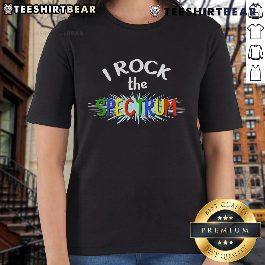 Pretty I Rock The Spectrum Autism Awareness Ladies Tee in vibrant colors, promoting autism acceptance and support for all.
