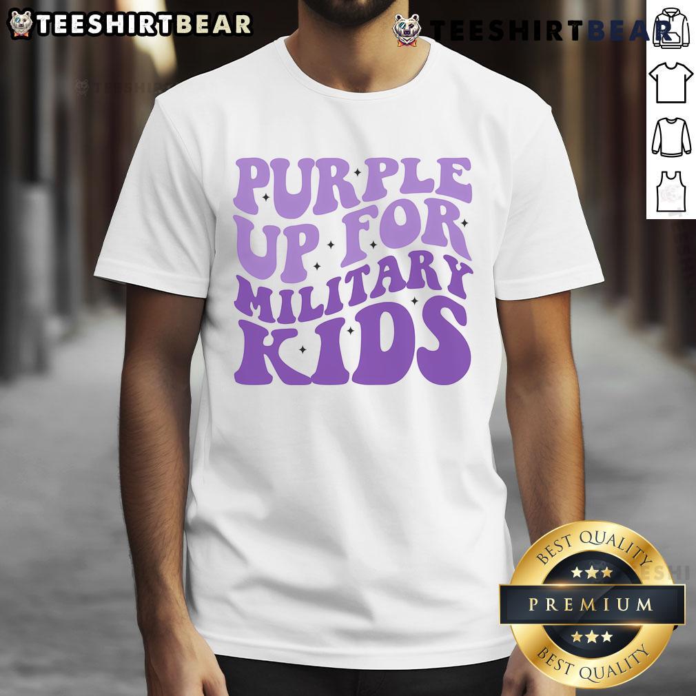 Pretty purple 'Up For Military Kids' T-shirt showcasing support for military children in a vibrant design.