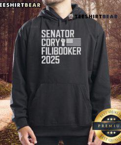 Senator Cory Booker wearing a 'Cory Filibooker' hoodie, showcasing his unique style and personality during a speech.