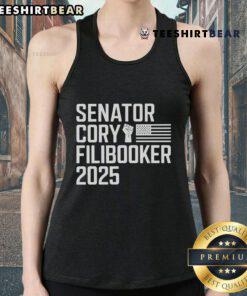 Cory Booker wearing a 'Cory Filibooker' tank top, showcasing his style during a Senate filibuster event.