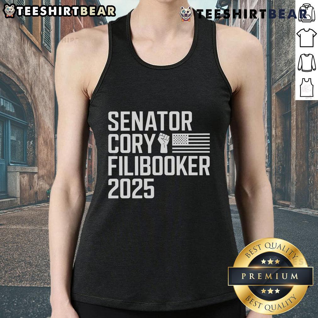 Cory Booker wearing a 'Cory Filibooker' tank top, showcasing his style during a Senate filibuster event.