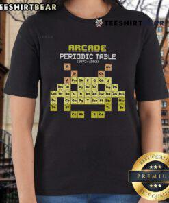 Top Arcade Periodic Table 1972-1993 Ladies Tee featuring retro game graphics and vibrant colors for gamers.