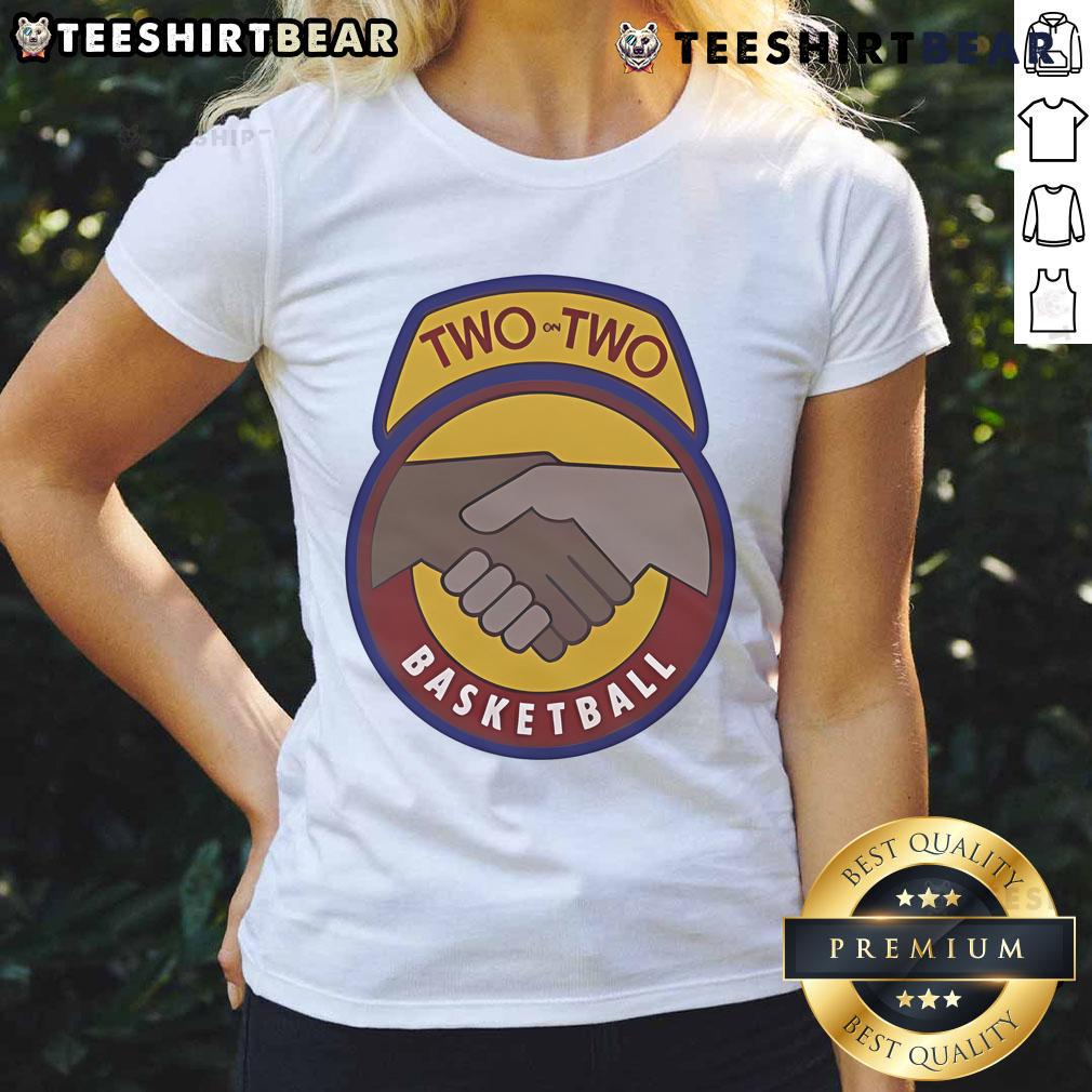 Alt Text: Top Cant Jump Two on Two Basketball Ladies Tee featuring a stylish design for women basketball enthusiasts.