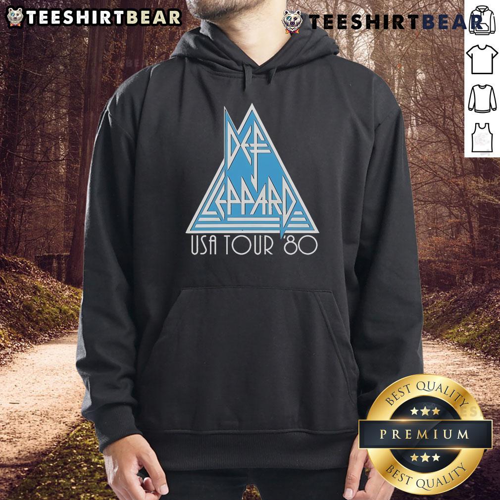 Alt Text: Vintage Def Leppard USA Tour '80 hoodie featuring iconic band logo and tour graphics for fans of classic rock.