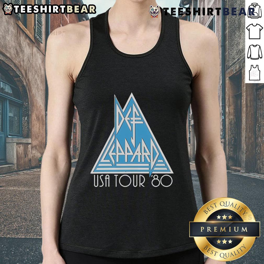 Top Def Leppard USA Tour 80 tank top featuring iconic band logo and vintage design, perfect for fans and collectors.
