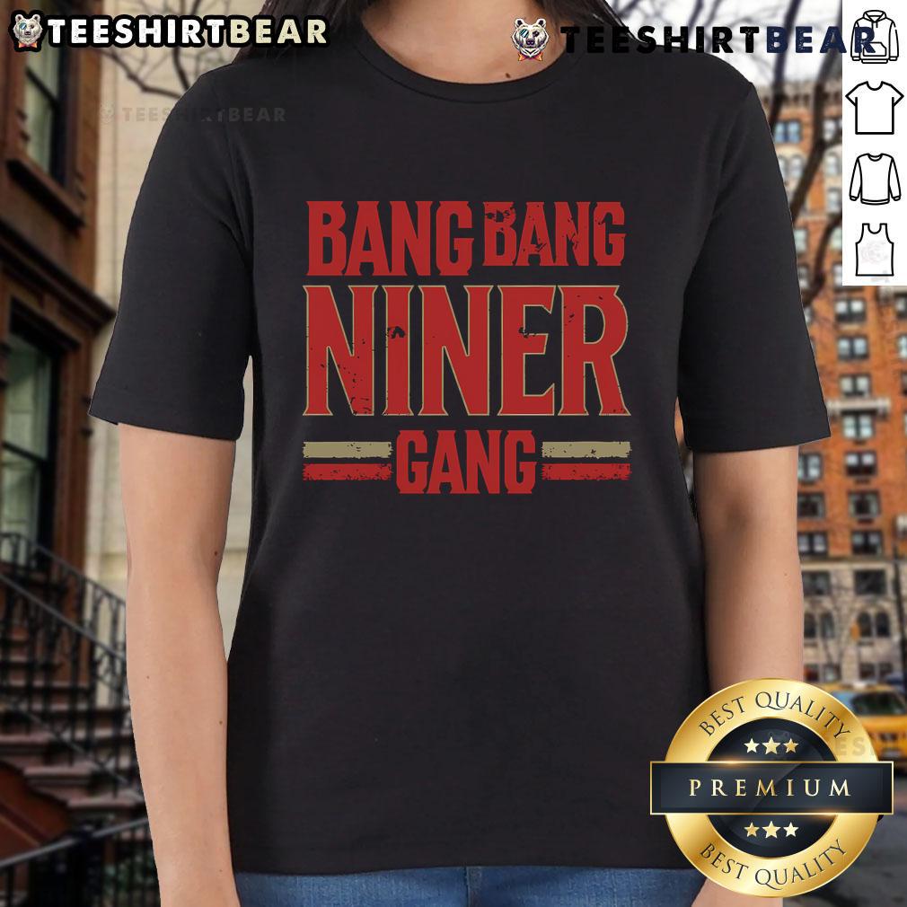 Top Distress Football Bang Bang Niner Gang Ladies Tee featuring a stylish design for passionate fans.